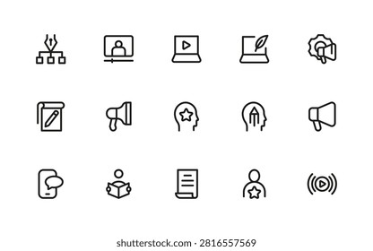 Storytelling icon set for media platforms. Professional and modern icons illustration depicting creative writing, story books, and historical narratives.