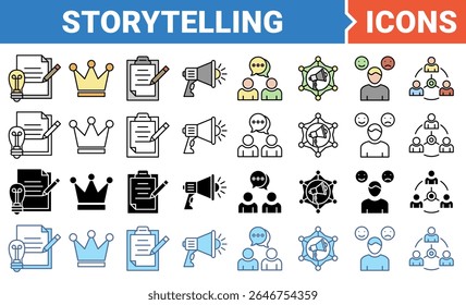 Storytelling icon set with multiple style collection.
