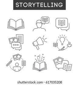 Storytelling Icon Set with Speech Bubbles and Books