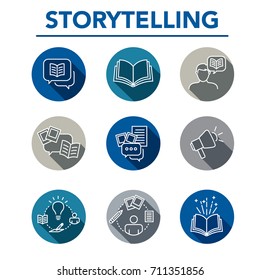 Storytelling Icon Set with Speech Bubbles and Books