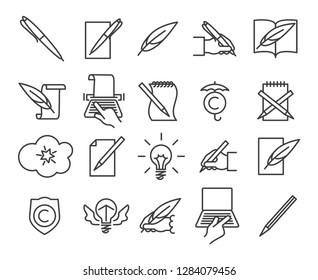 Storytelling icons. Writing and creative book telling symbols with pen and pencil in simple lines, vector illustration