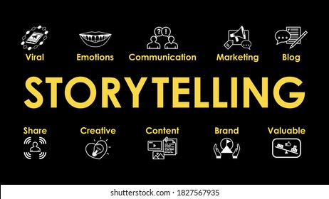 Storytelling infographic banner. Icons set on black background. Header for website, social media:  Creative, Valuable, Content, Brand, Share, Emotions, Viral, Blog. Vector design illustration.
