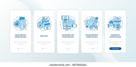 Storytelling marketing onboarding mobile app page screen with concepts. Data-driven, immersive approaches walkthrough 5 steps graphic instructions. UI vector template with RGB color illustrations