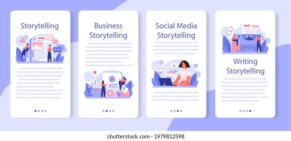 Storytelling mobile application banner set. Professional speechwriter or journalist. Idea of creative people and profession. Copywriter creating text for media. Flat vector illustration