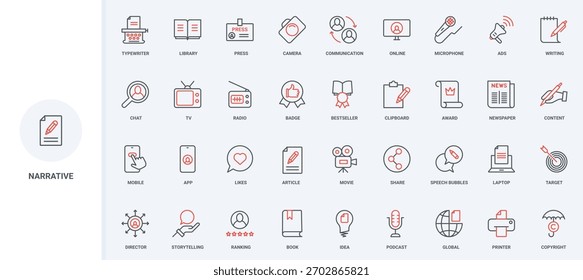 Contar histórias, conteúdo narrativo e ferramenta, ideia do autor e escritor conjunto de ícones de linha. Proteção de direitos autorais, feedback e classificação de artigo fino preto e vermelho esboço símbolos ilustração vetorial
