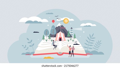 Storytelling process as book reading and presentation to audience tiny person concept. Viral adventure telling process and author emotional communication with visual information vector illustration.