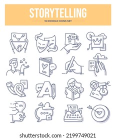 Storytelling. Telling stories to market products and services and grabbing customers attention. Doodle icons set in linear style