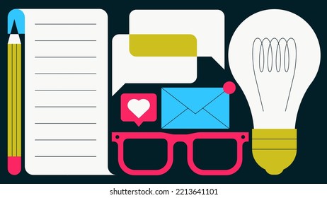 Storytelling vector flat illustration. Paper with pencil, chat bobbles, eyeglasses, mail icon and light bulb. Creative working process concept. Simple colourful cartoony design.