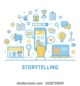 Storytelling vector. Illustration of building social media campaigns around stories, storytelling, producing ads. Storytelling concept for web banners and printed materials. Thin line design.