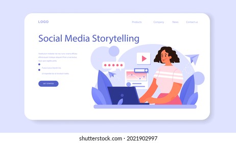 Storytelling web banner or landing page. Professional speechwriter or journalist. Idea of creative people and profession. Copywriter creating text for media. Flat vector illustration