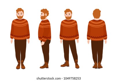 Stout bearded redhead man in woolen jumper. Fat male cartoon character with red hair and beard wearing knitted sweater isolated on white background. Front, side, back views. Vector illustration