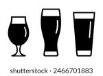 Stout beer icon set, black silhouette isolated on white. Drink in tall pint glass and tulip glass, stencil style. Vector clipart, minimalist sign or simple logo for bar and pub or Octoberfest design.