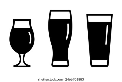 Stout beer icon set, black silhouette isolated on white. Drink in tall pint glass and tulip glass, stencil style. Vector clipart, minimalist sign or simple logo for bar and pub or Octoberfest design.