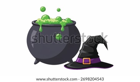 A stout black cauldron bubbles with neon green potion; slime drips, witch hat sits nearby. orb glow