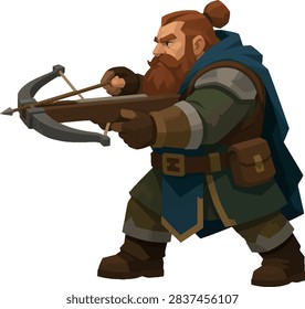 Stout crossbowman loading bolt, side profile facing left, full body, crossbow combat, medieval vector illustration