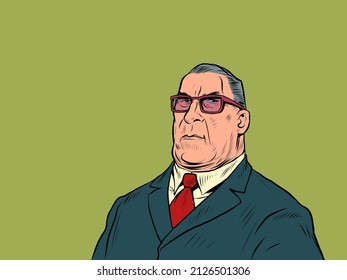 A stout man is a businessman, a serious person. Strict face. pop art Retro vector Illustration 50s 60s kitsch Vintage style