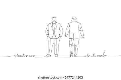 stout man in tuxedo, obese man one line art. Continuous line drawing of body positive, overweight, plus size model, XL, health, fashion, self acceptance with inscription, lettering, handwritten.