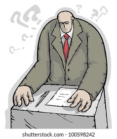 Stout mighty businessman sitting at a desk and looking at the document ready to sign