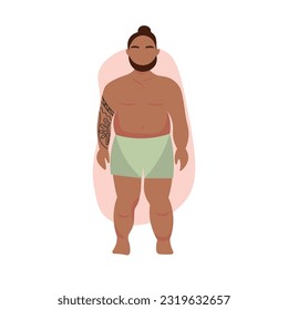 Stout Polynesian man in underwear on white background