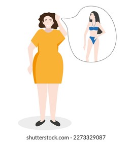 A stout woman dreams of becoming slim. Weight loss, health, flat vector illustration