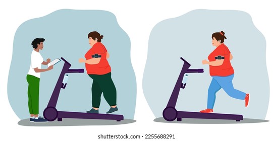 A stout woman works out on a treadmill with a personal trainer according to an individual program. Vector illustration.