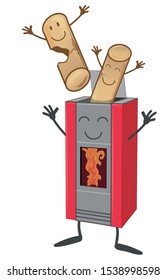 stove cartoon mascot with wood pellets mascot