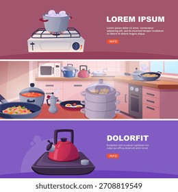 Stove collection. kitchen banners with different items for frying and boiling products on gas stove