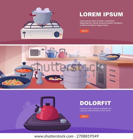 Stove collection. kitchen banners with different items for frying and boiling products on gas stove