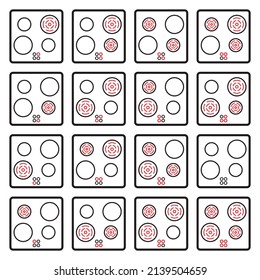 Stove cooker icon set, burner turning, top view, electric hob heater, line icons isolated on white background, vector illustration.