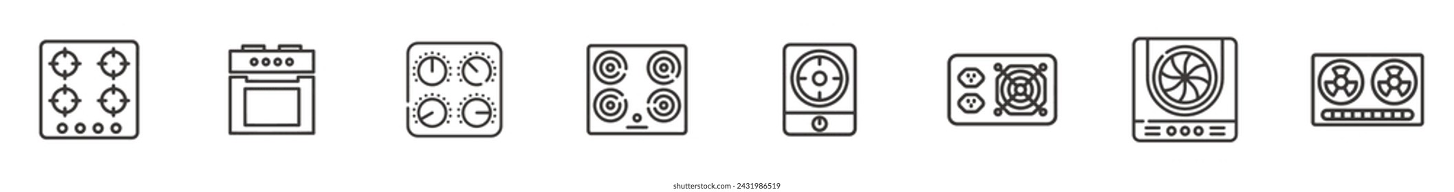 Stove, cooktop, oven related editable flat icons set isolated on white background.