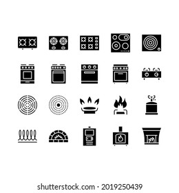 Fijar iconos de línea plana. Contiene tales Icons Burner, Oven, Cooker, gas de camping, estufa de leña, horno de ladrillo. Simple ilustración vectorial plana para sitio web o aplicación móvil.