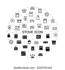 Stove flat line icons set. Contains such Icons Burner, Oven, Cooker, Camping gas, wood burning stove, brick oven. Simple flat vector illustration for web site or mobile app