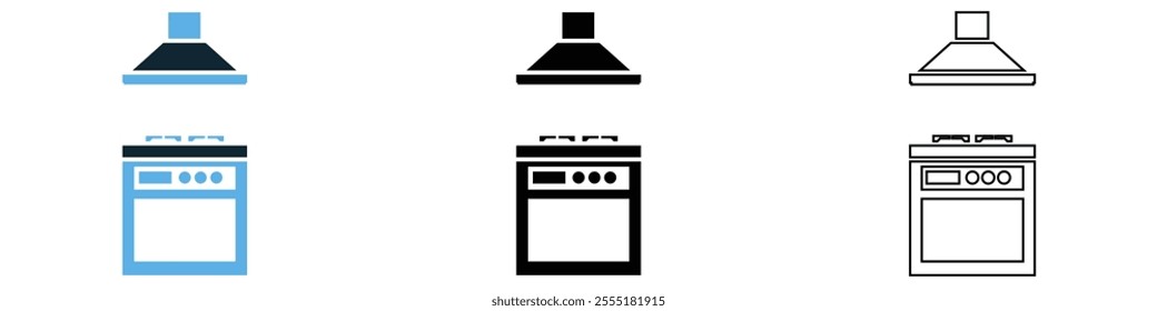stove or hob with chimney and oven kitchen interior vector pictogram sign icon symbol ui and ux design, glyphs and stroke line