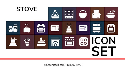 stove icon set. 19 filled stove icons.  Simple modern icons about  - Pot, Pots, Cooker, Burner, Fireplace, Oven, Stove, Toaster, Microwave oven, Camping gas, Microwave