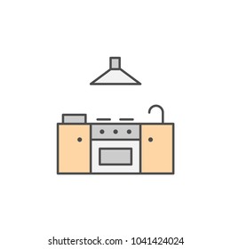 Stove icon with water faucet and extractor fan. Kitchen appliances for cooking Illustration. Simple thin line style symbol.