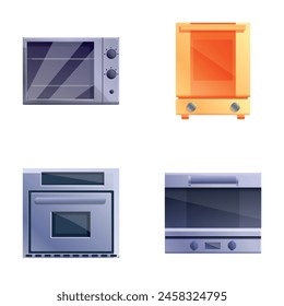 Stove icons set cartoon vector. Electric and microwave oven. Professional kitchen appliance