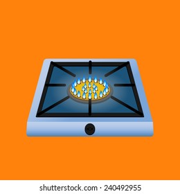 Stove Illustration: An illustration of an isolated stove of  blue stainless steel. Single burner, whit and blue fire.