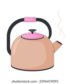 Stove kettle with steam 2D cartoon object. Home comfort, kitchen essential, tea preparation. Boiling water. Kitchenware teapot isolated element flat vector clip art on white. Spot illustration