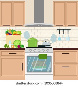 Stove in the kitchen with dishes. In the oven, a chicken. Vector flat illustration.