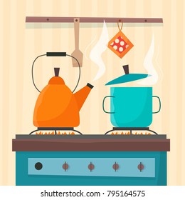 Stove in kitchen. Oven with dishes: pan pot kettle. Flat  cartoon style vector illustration.