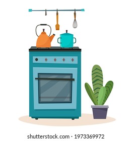 Stove in kitchen. Oven with dishes. Vector illustration. 