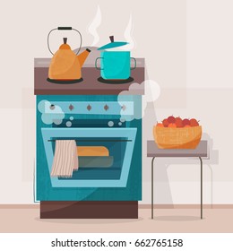 Stove in kitchen. Oven with dishes. Vector illustration.