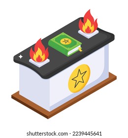 Stove and magic book, isometric icon of magic kitchen 