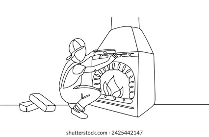 The stove maker measures the angle of inclination with a level. The process of constructing and diagnosing a heating furnace. Images produced without the use of any form of AI software at any stage. 