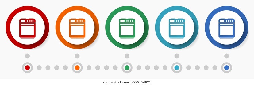 Stove, oven concept vector icon set, infographic template, flat design colorful web buttons in 5 color options