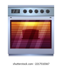 Stove oven electric or gas appliance isolated on white background. Kitchen device in process of pie baking behind heat resistant glass. Collection realistic mockup home appliance. Vector illustration