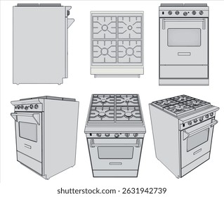 fogão com forno. As imagens vetoriais são produzidas a partir do processo de traçado automático. Vista de Perspectiva, frente, topo, lado.
