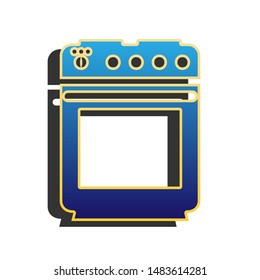 Stove sign. Blue icon with gold contour with dark gray shadow at white background. Illustration.