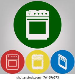 Stove sign. Vector. 4 white styles of icon at 4 colored circles on light gray background.