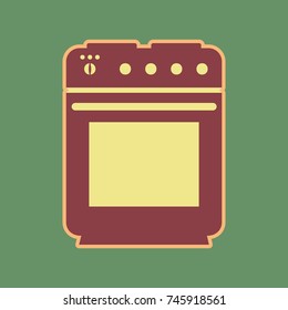 Stove sign. Vector. Cordovan icon and mellow apricot halo with light khaki filled space at russian green background.